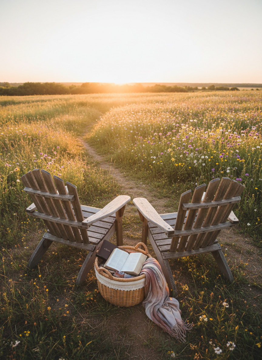 A pair of empty, weathered wooden chairs positioned side by side on a small hill overlooking a sunlit meadow, symbolizing companionship and being seen without showing people. Between the chairs sits a simple woven basket filled with a well‑used Bible, a soft journal, and a light scarf in muted blush tones. Late afternoon golden hour light bathes the scene, creating long, gentle shadows and a warm, hopeful glow over the grass and wildflowers. Shot from a slightly low angle with photographic realism, the composition follows the rule of thirds, evoking a sense of invitation, quiet conversation with God, and tender, watchful presence.
