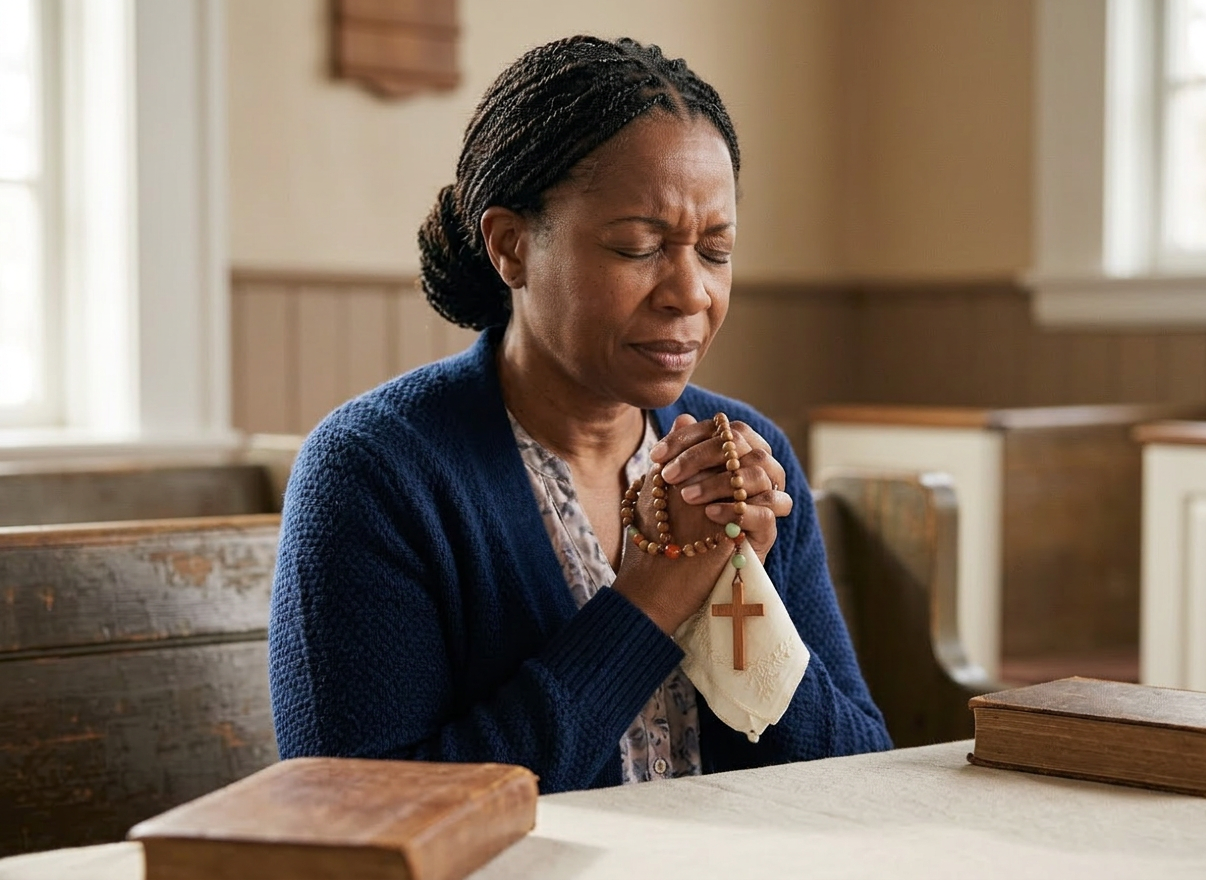 Contemplative prayer with rosary beads Woman holding rosary beads with a cross, eyes closed in prayer