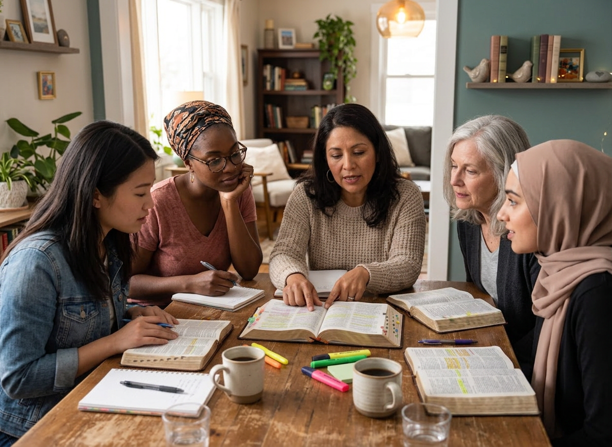 Diverse women's group Bible study Five women sitting around a table engaged in Bible study with open books and highlighters