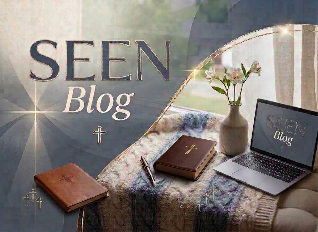 Faith-themed blog cover design Closed Bible with a cross on knitted blanket next to vase with flowers by window