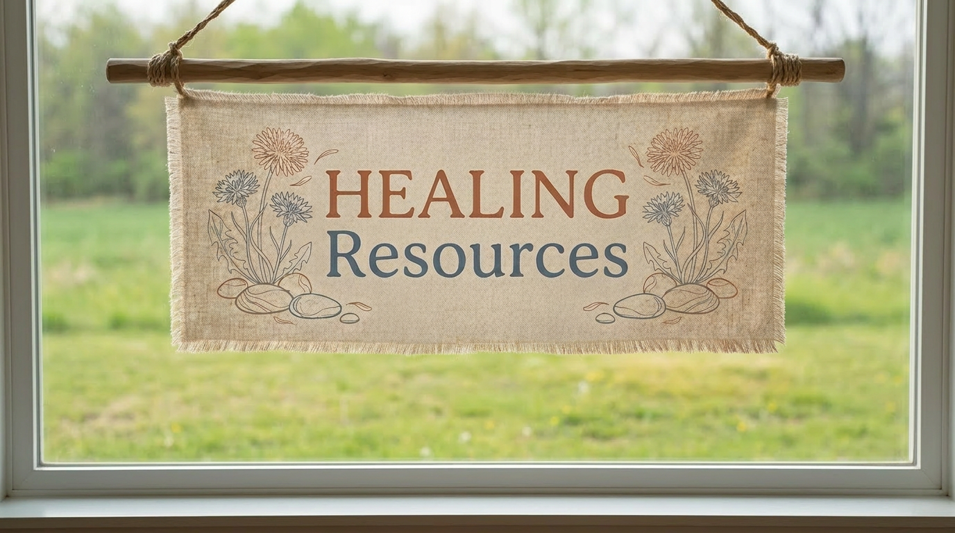 Healing resources and herbal wellness setup Table with ceramic mugs, floating flower bowl, bundles of herbs, and a hanging cloth sign reading 'Healing Resources'
