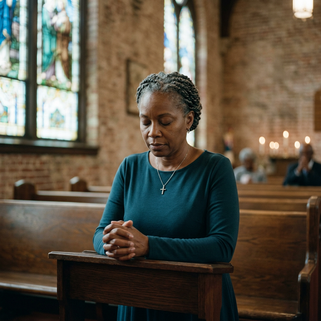 Woman praying with clasped hands inside a church