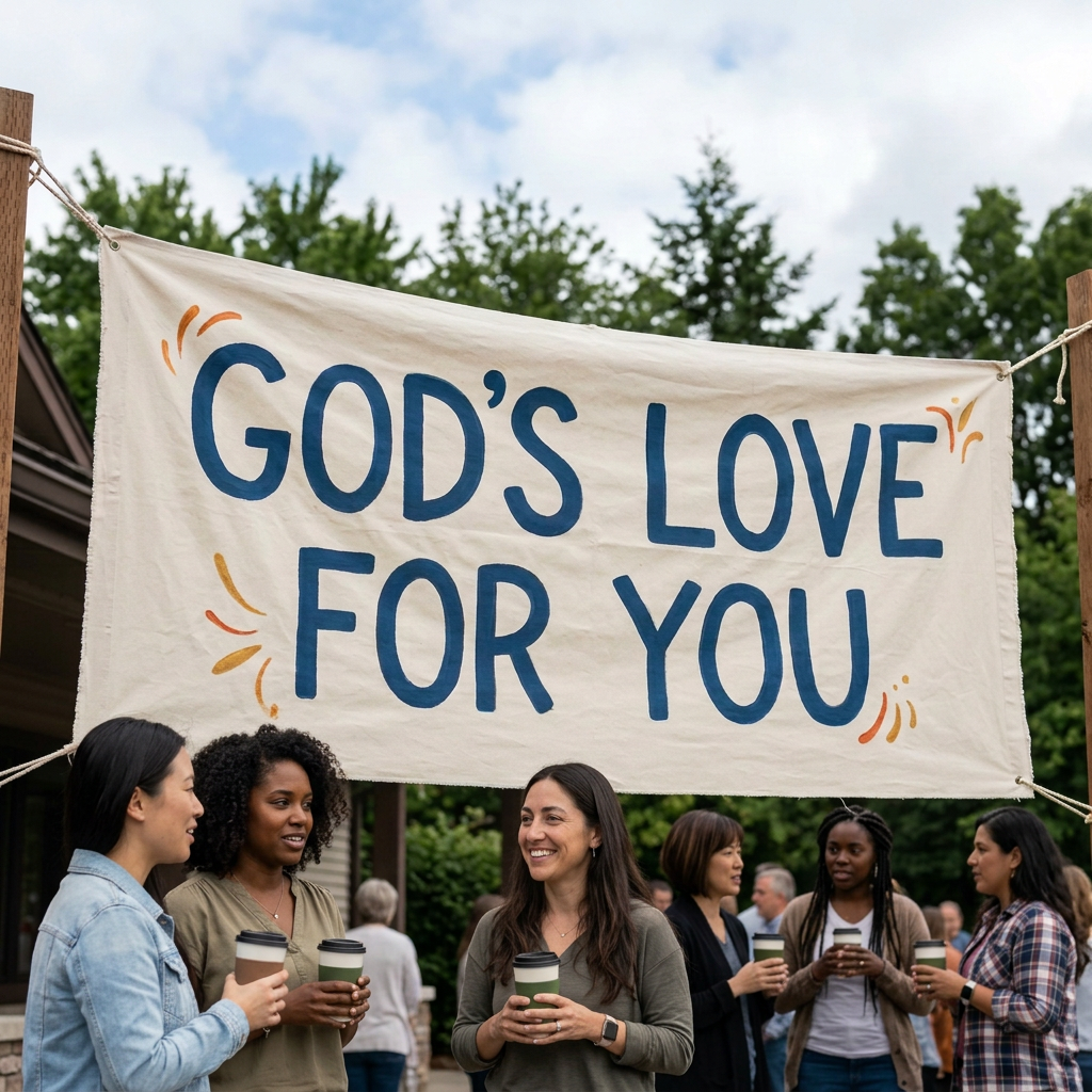 Banner reading “GOD’S LOVE FOR YOU” above people gathered outdoors